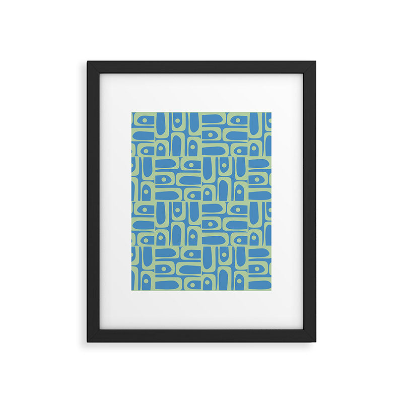 Mid Century Modern Piquet Abstract Multi Geometric Pattern Blue and Light Spring Green Framed Art Print Gallery Image 6