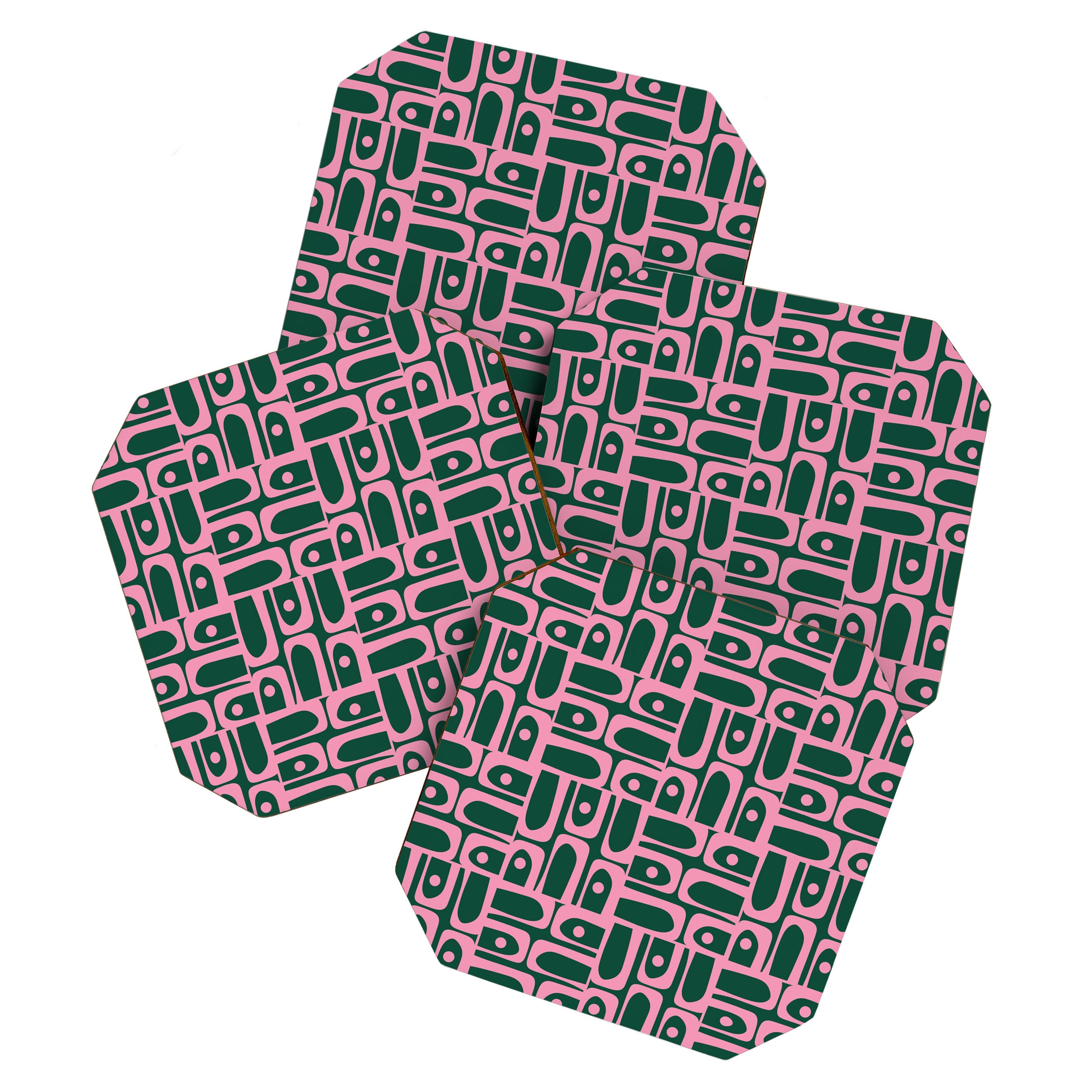 Mid Century Modern Piquet Abstract Multi Geometric Pattern Dark Green and Retro Pink Coaster Gallery Image 1