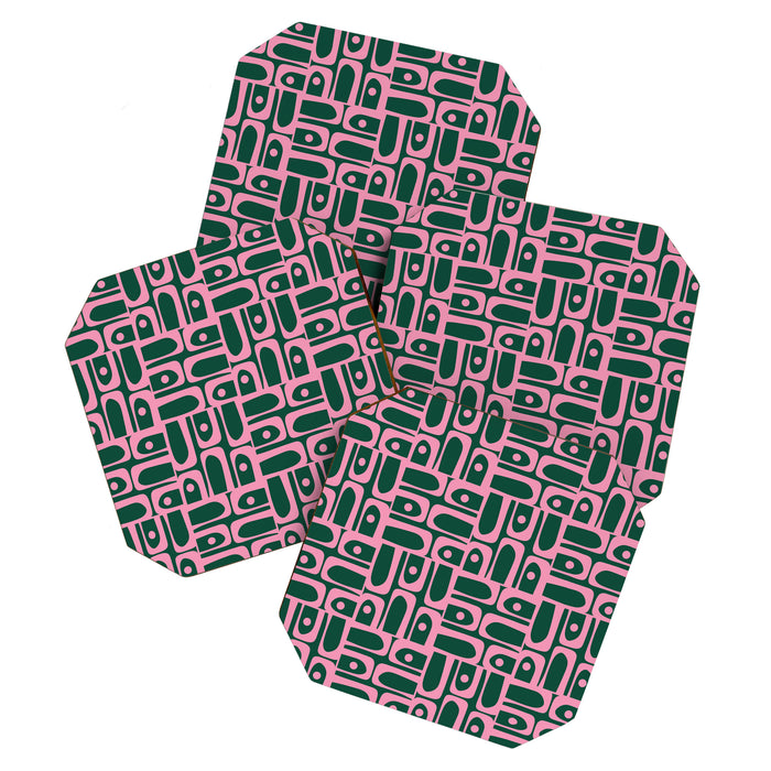 Mid Century Modern Piquet Abstract Multi Geometric Pattern Dark Green and Retro Pink Coaster Gallery Image 1