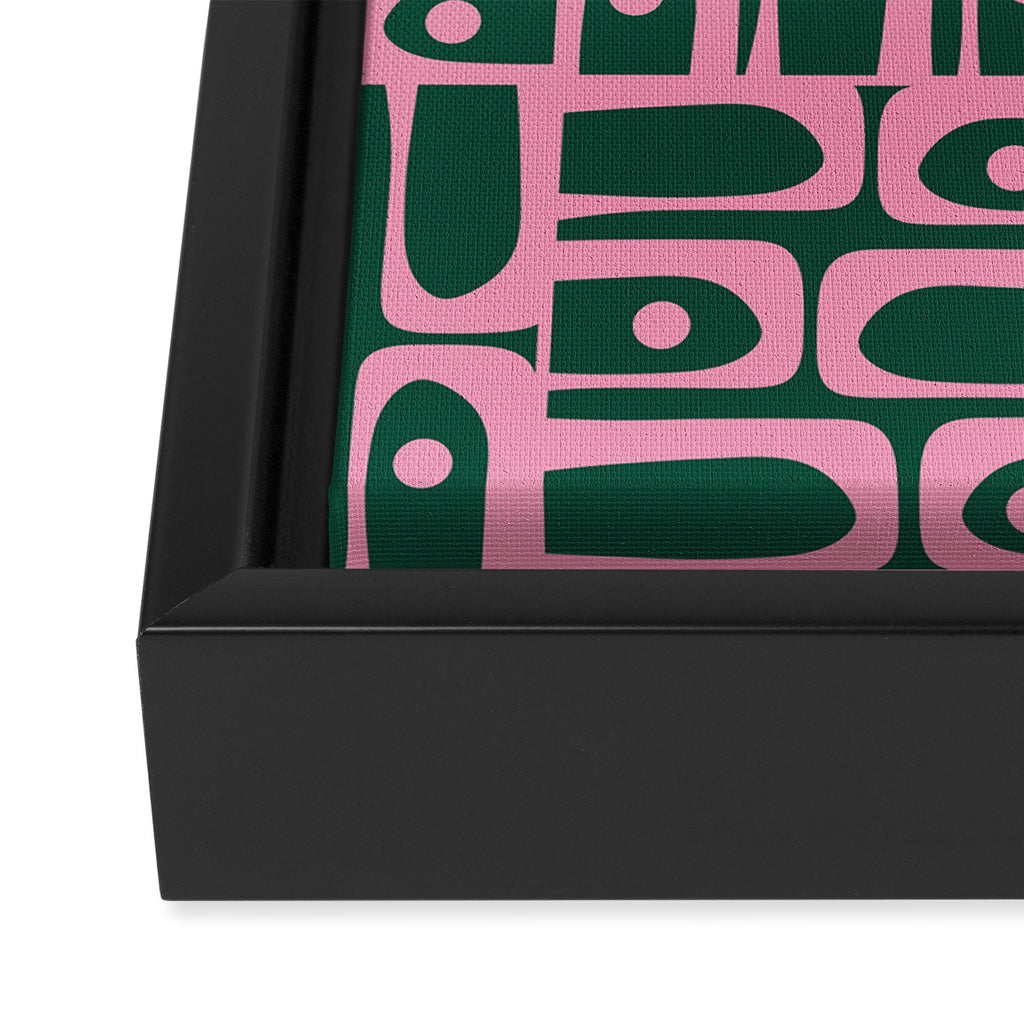 Mid Century Modern Piquet Abstract Multi Geometric Pattern Dark Green and Retro Pink Framed Canvas Print Gallery Image 3