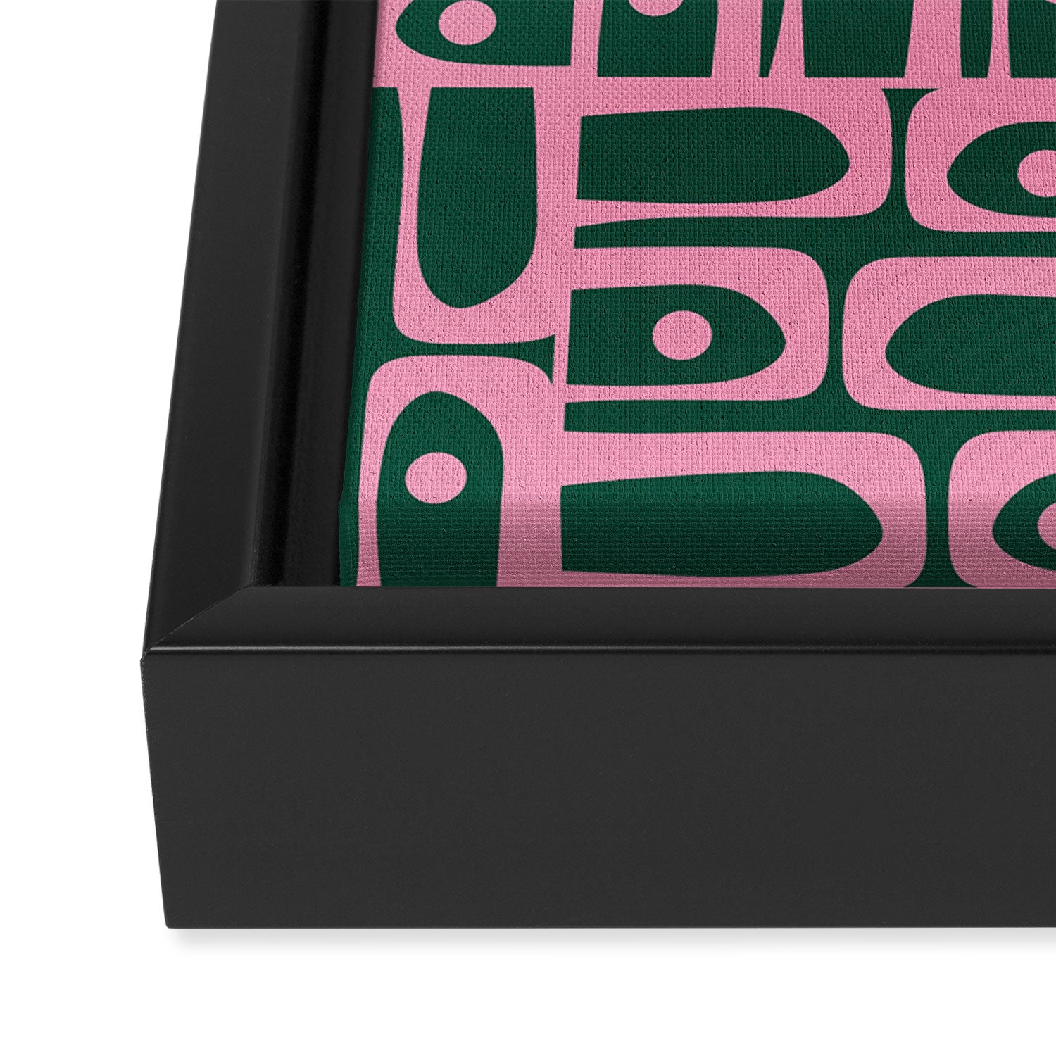 Mid Century Modern Piquet Abstract Multi Geometric Pattern Dark Green and Retro Pink Framed Canvas Print Gallery Image 3