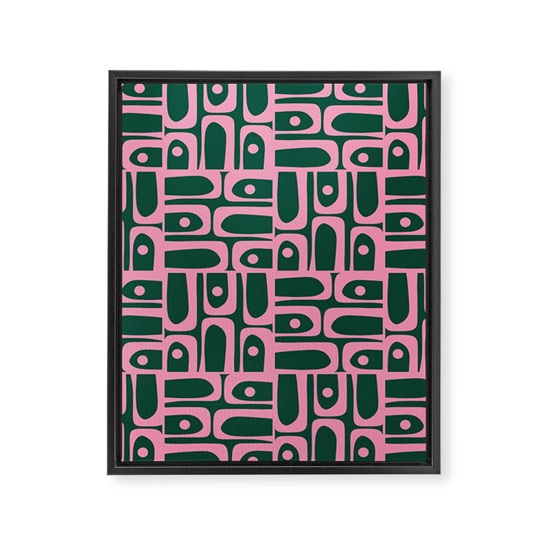 Mid Century Modern Piquet Abstract Multi Geometric Pattern Dark Green and Retro Pink Framed Canvas Print Gallery Image 8