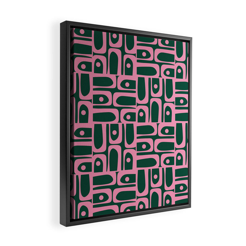 Mid Century Modern Piquet Abstract Multi Geometric Pattern Dark Green and Retro Pink Framed Canvas Print Gallery Image 2