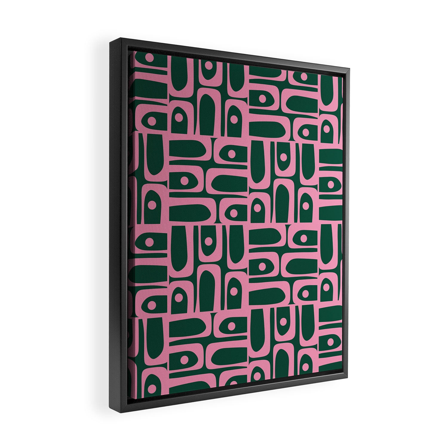 Mid Century Modern Piquet Abstract Multi Geometric Pattern Dark Green and Retro Pink Framed Canvas Print Gallery Image 2