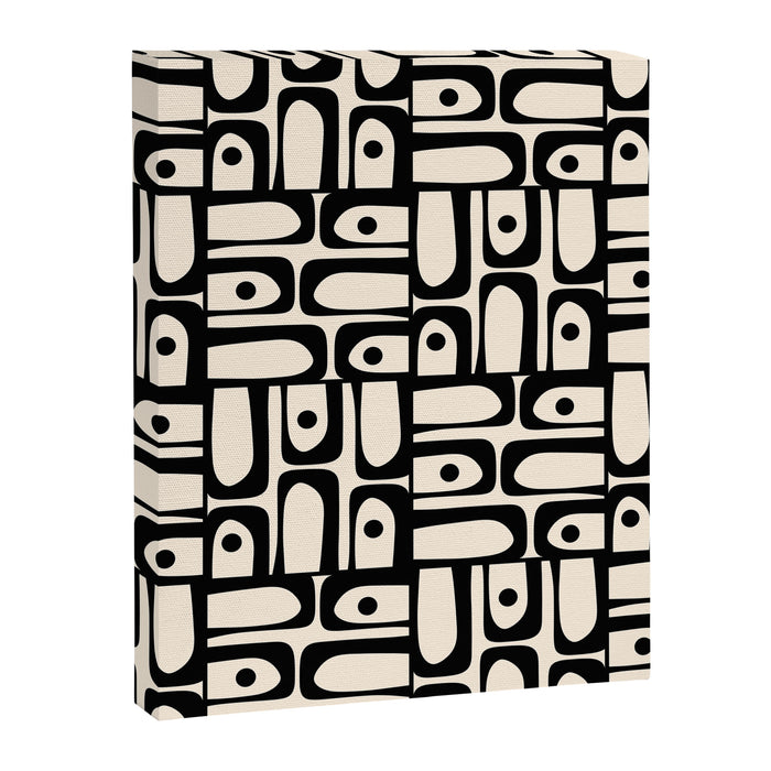 Mid Century Modern Piquet Abstract Multi Geometric Pattern in Black and Almond Cream Canvas Print Gallery Image 1