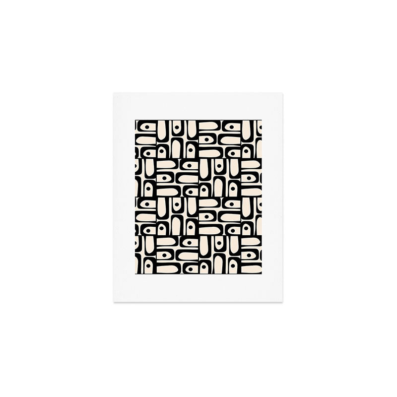 Mid Century Modern Piquet Abstract Multi Geometric Pattern in Black and Almond Cream Art Print Gallery Image 1