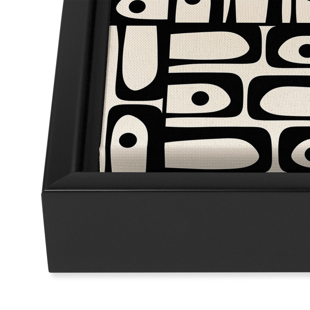 Mid Century Modern Piquet Abstract Multi Geometric Pattern in Black and Almond Cream Framed Canvas Print Gallery Image 3