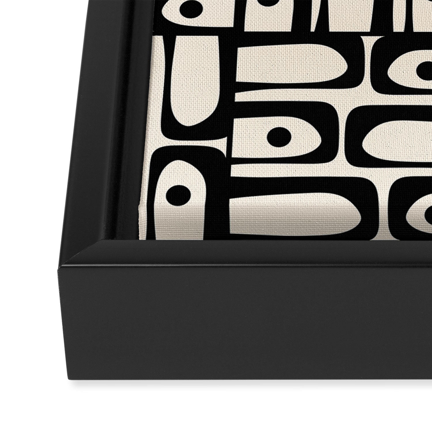 Mid Century Modern Piquet Abstract Multi Geometric Pattern in Black and Almond Cream Framed Canvas Print Gallery Image 3