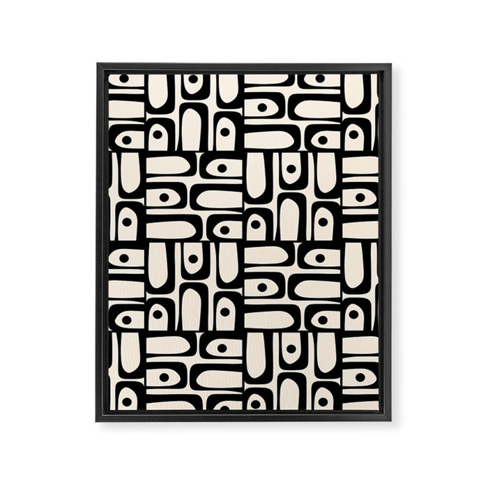 Mid Century Modern Piquet Abstract Multi Geometric Pattern in Black and Almond Cream Framed Canvas Print Gallery Image 1