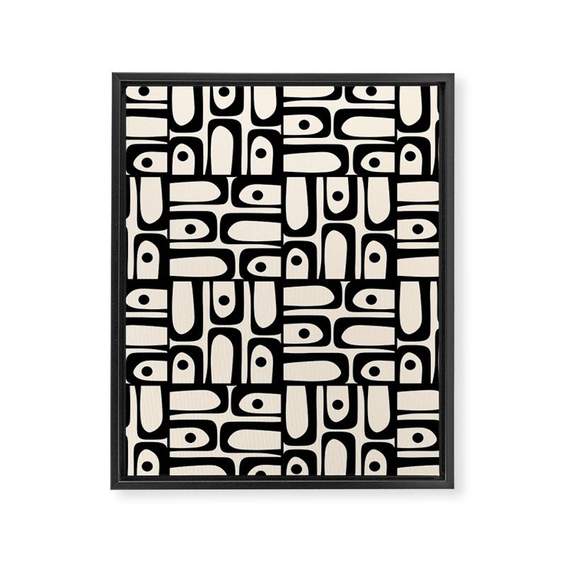 Mid Century Modern Piquet Abstract Multi Geometric Pattern in Black and Almond Cream Framed Canvas Print Gallery Image 8