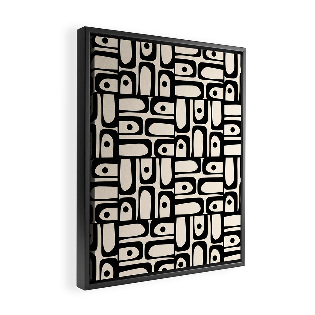Mid Century Modern Piquet Abstract Multi Geometric Pattern in Black and Almond Cream Framed Canvas Print Gallery Image 2