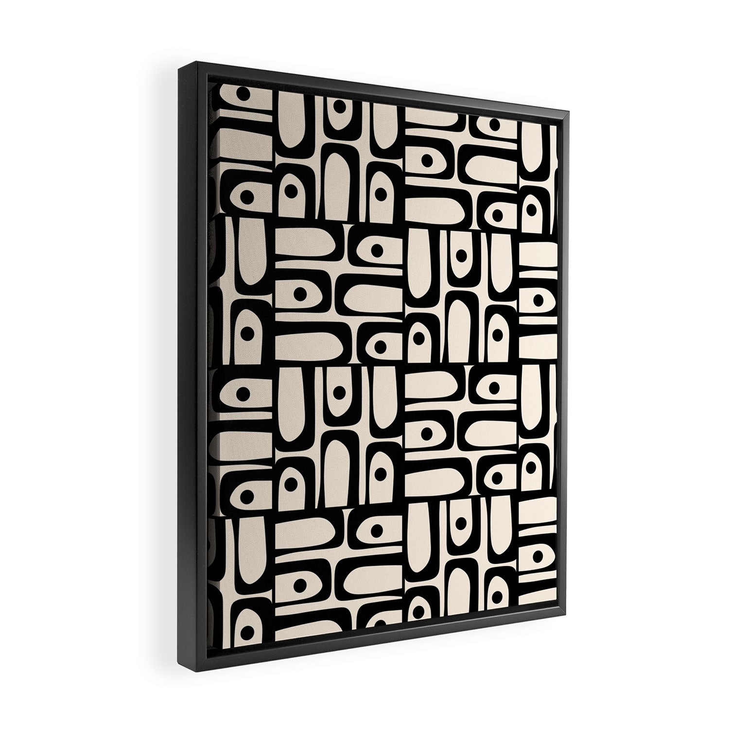 Mid Century Modern Piquet Abstract Multi Geometric Pattern in Black and Almond Cream Framed Canvas Print Gallery Image 2