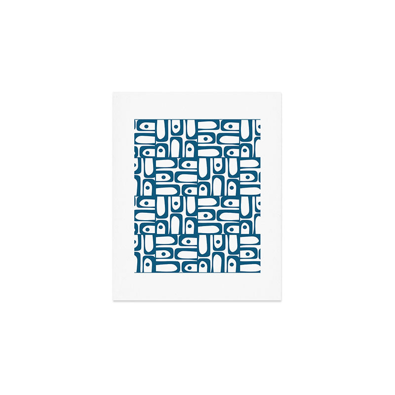 Mid Century Modern Piquet Abstract Multi Geometric Pattern in Blue and White Art Print Gallery Image 1
