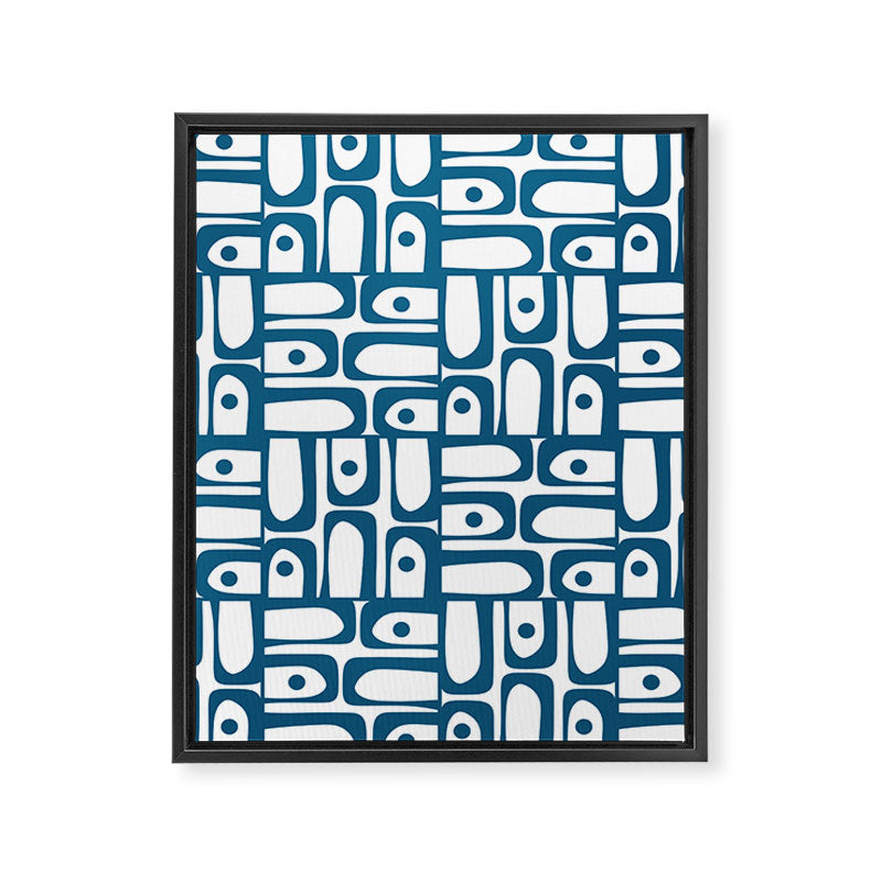 Mid Century Modern Piquet Abstract Multi Geometric Pattern in Blue and White Framed Canvas Print Gallery Image 8