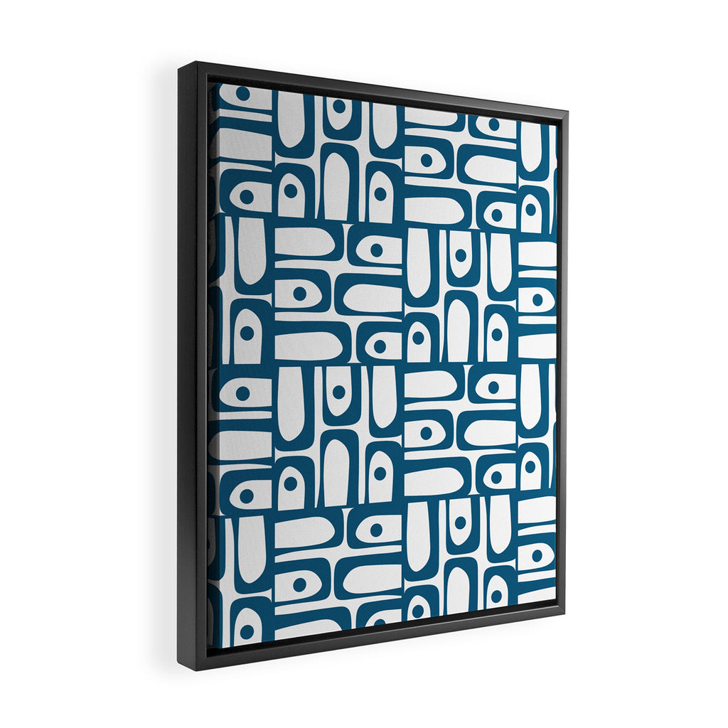 Mid Century Modern Piquet Abstract Multi Geometric Pattern in Blue and White Framed Canvas Print Gallery Image 2
