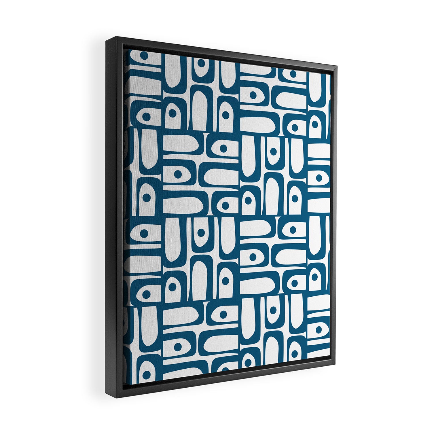 Mid Century Modern Piquet Abstract Multi Geometric Pattern in Blue and White Framed Canvas Print Gallery Image 2
