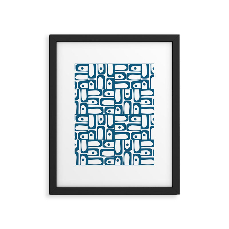 Mid Century Modern Piquet Abstract Multi Geometric Pattern in Blue and White Framed Art Print Gallery Image 6