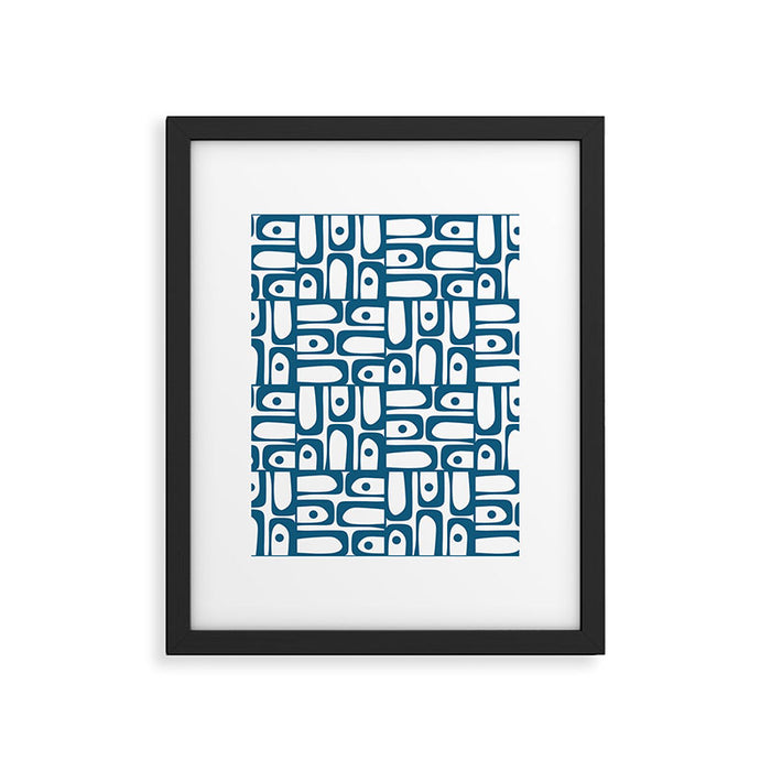 Mid Century Modern Piquet Abstract Multi Geometric Pattern in Blue and White Framed Art Print Gallery Image 1
