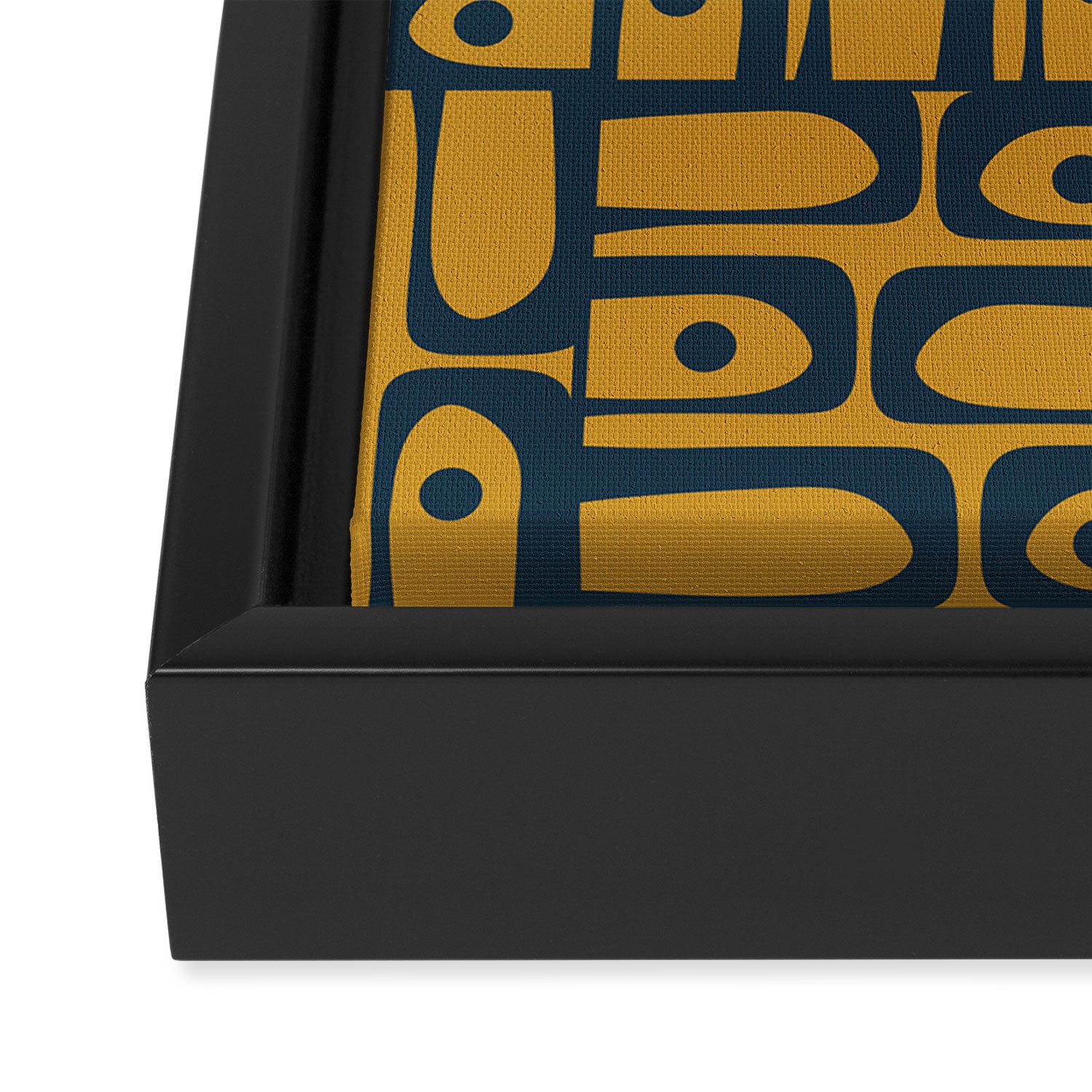 Mid Century Modern Piquet Abstract Multi Geometric Pattern in Dark Mustard and Navy Blue Framed Canvas Print Gallery Image 3