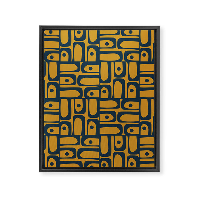 Mid Century Modern Piquet Abstract Multi Geometric Pattern in Dark Mustard and Navy Blue Framed Canvas Print Gallery Image 1
