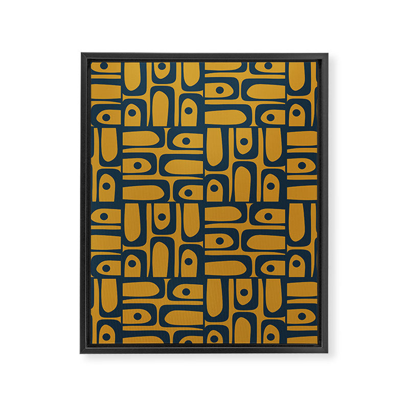 Mid Century Modern Piquet Abstract Multi Geometric Pattern in Dark Mustard and Navy Blue Framed Canvas Print Gallery Image 8