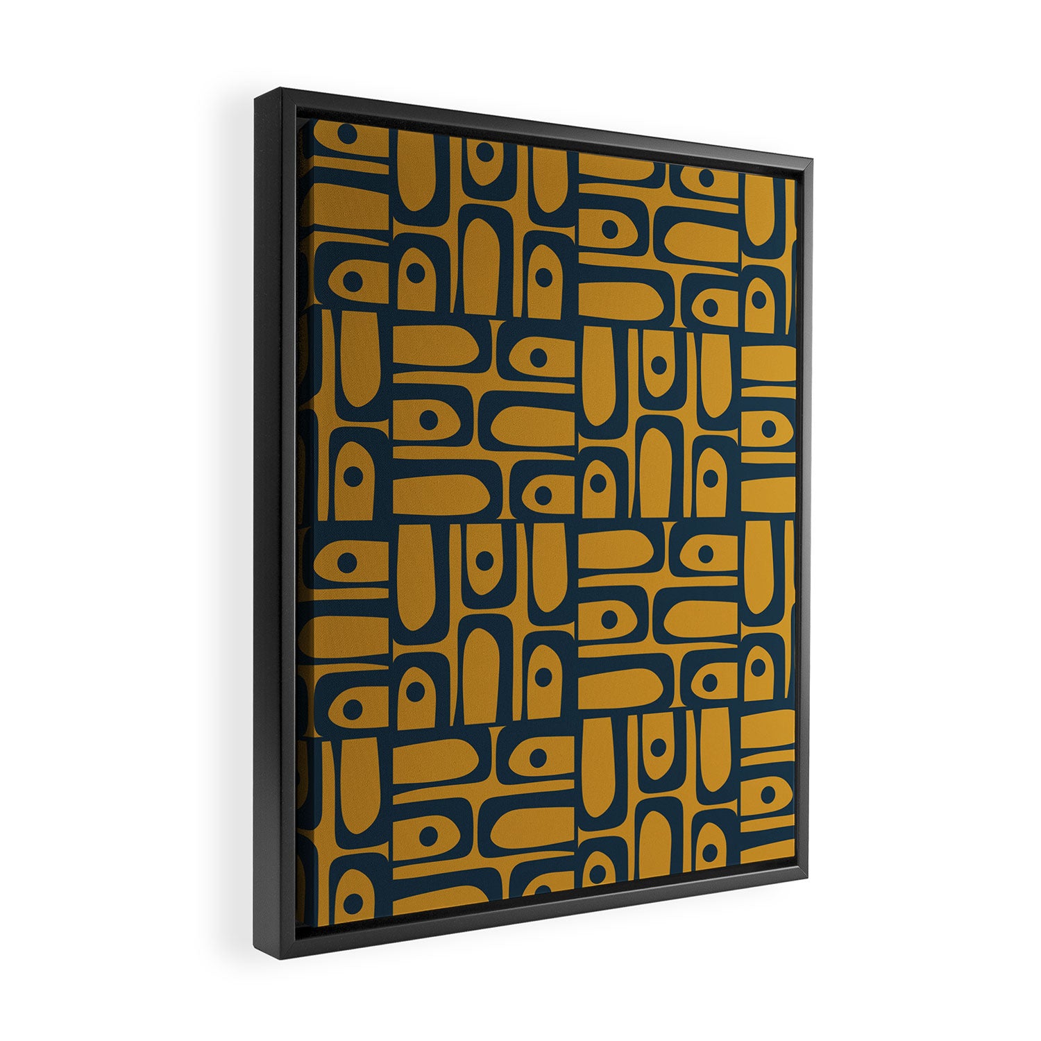 Mid Century Modern Piquet Abstract Multi Geometric Pattern in Dark Mustard and Navy Blue Framed Canvas Print Gallery Image 2