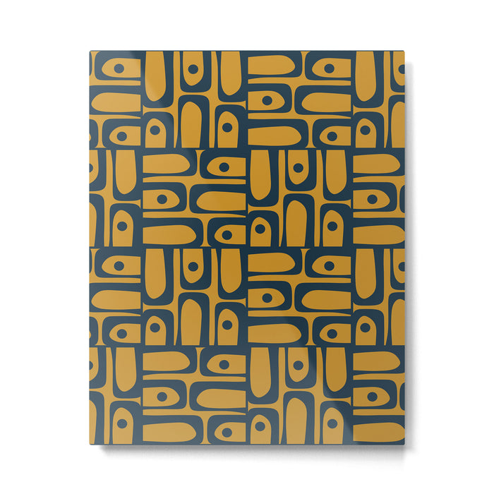 Mid Century Modern Piquet Abstract Multi Geometric Pattern in Dark Mustard and Navy Blue Metal Print Gallery Image 1