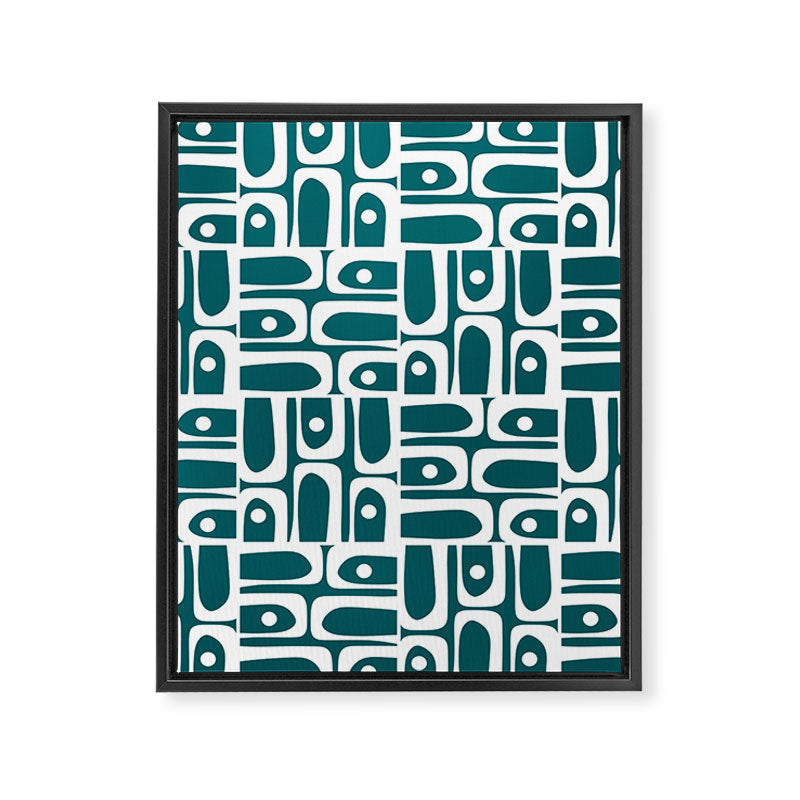 Mid Century Modern Piquet Abstract Multi Geometric Pattern in Deep Teal Marine Green-Blue and White Framed Canvas Print Gallery Image 8
