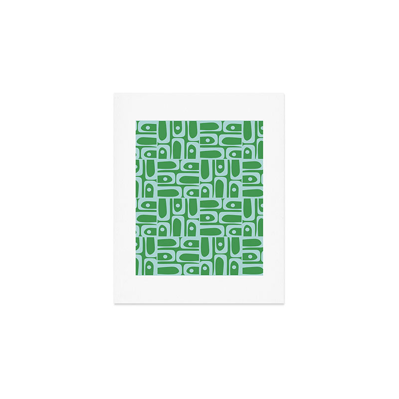Mid Century Modern Piquet Abstract Multi Geometric Pattern in Green and Light Blue Art Print Gallery Image 1