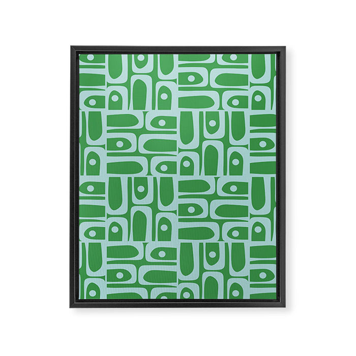 Mid Century Modern Piquet Abstract Multi Geometric Pattern in Green and Light Blue Framed Canvas Print Gallery Image 1