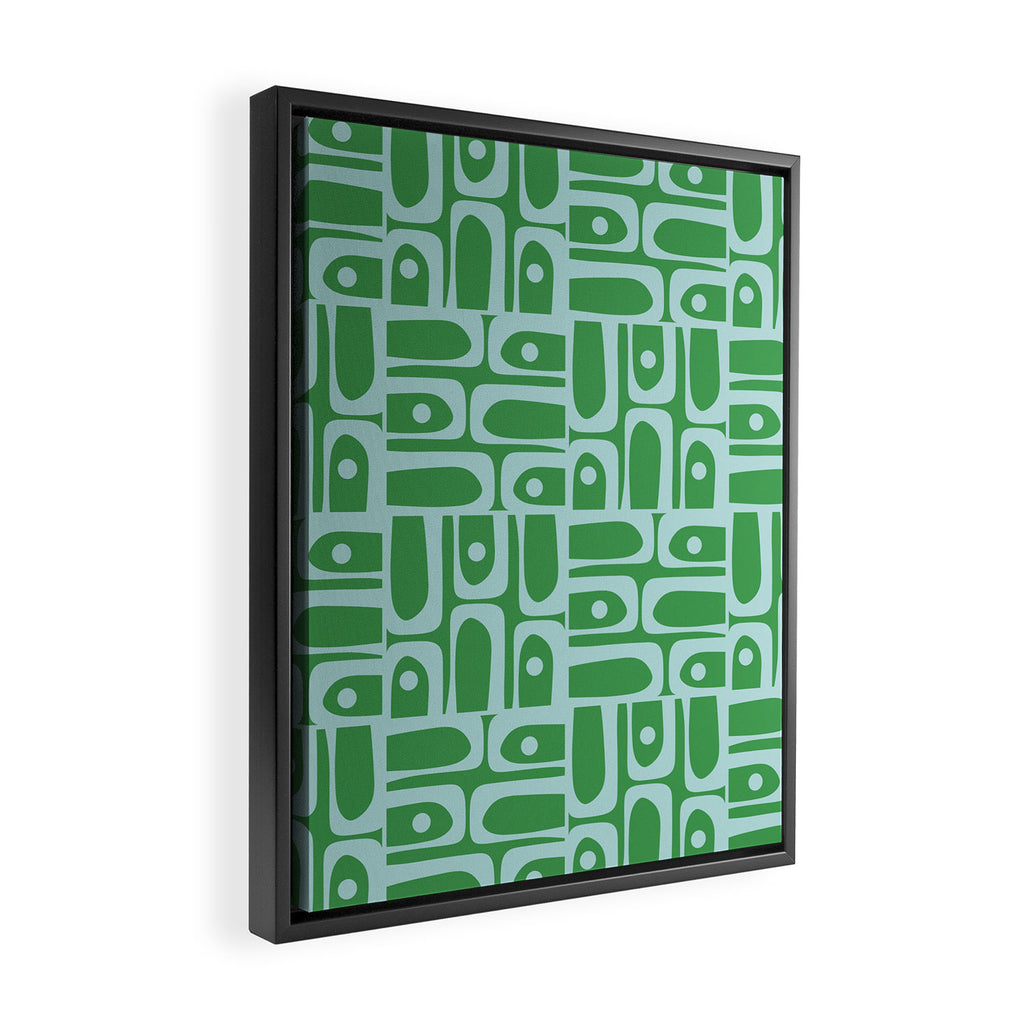 Mid Century Modern Piquet Abstract Multi Geometric Pattern in Green and Light Blue Framed Canvas Print Gallery Image 2
