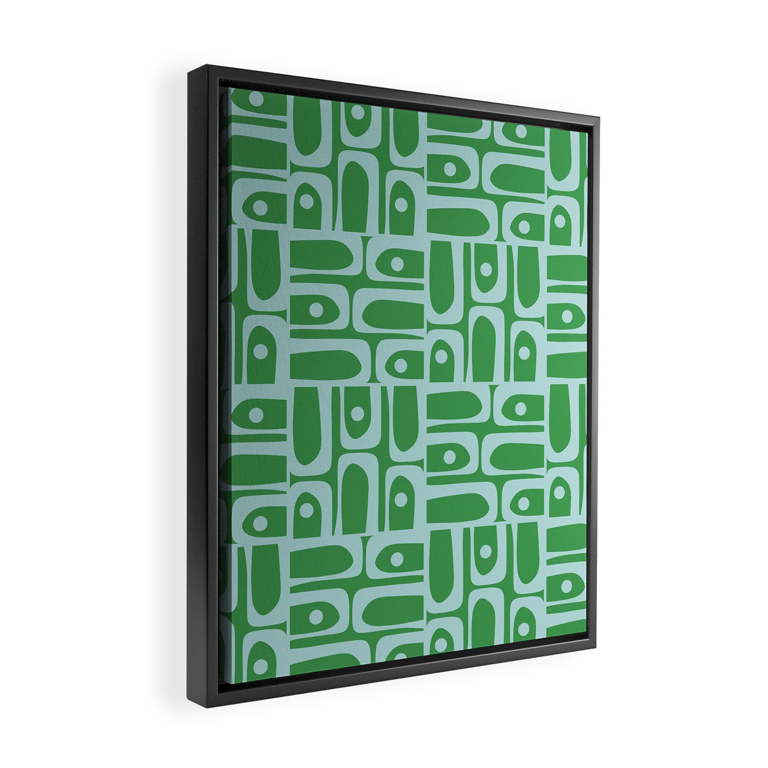 Mid Century Modern Piquet Abstract Multi Geometric Pattern in Green and Light Blue Framed Canvas Print Gallery Image 2