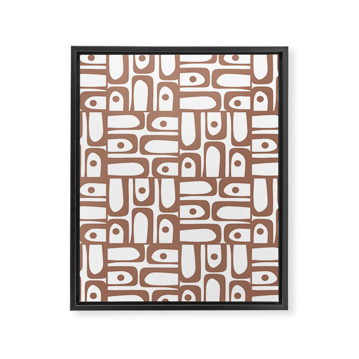 Mid Century Modern Piquet Abstract Multi Geometric Pattern in Mocha and White Framed Canvas Print Gallery Image 1