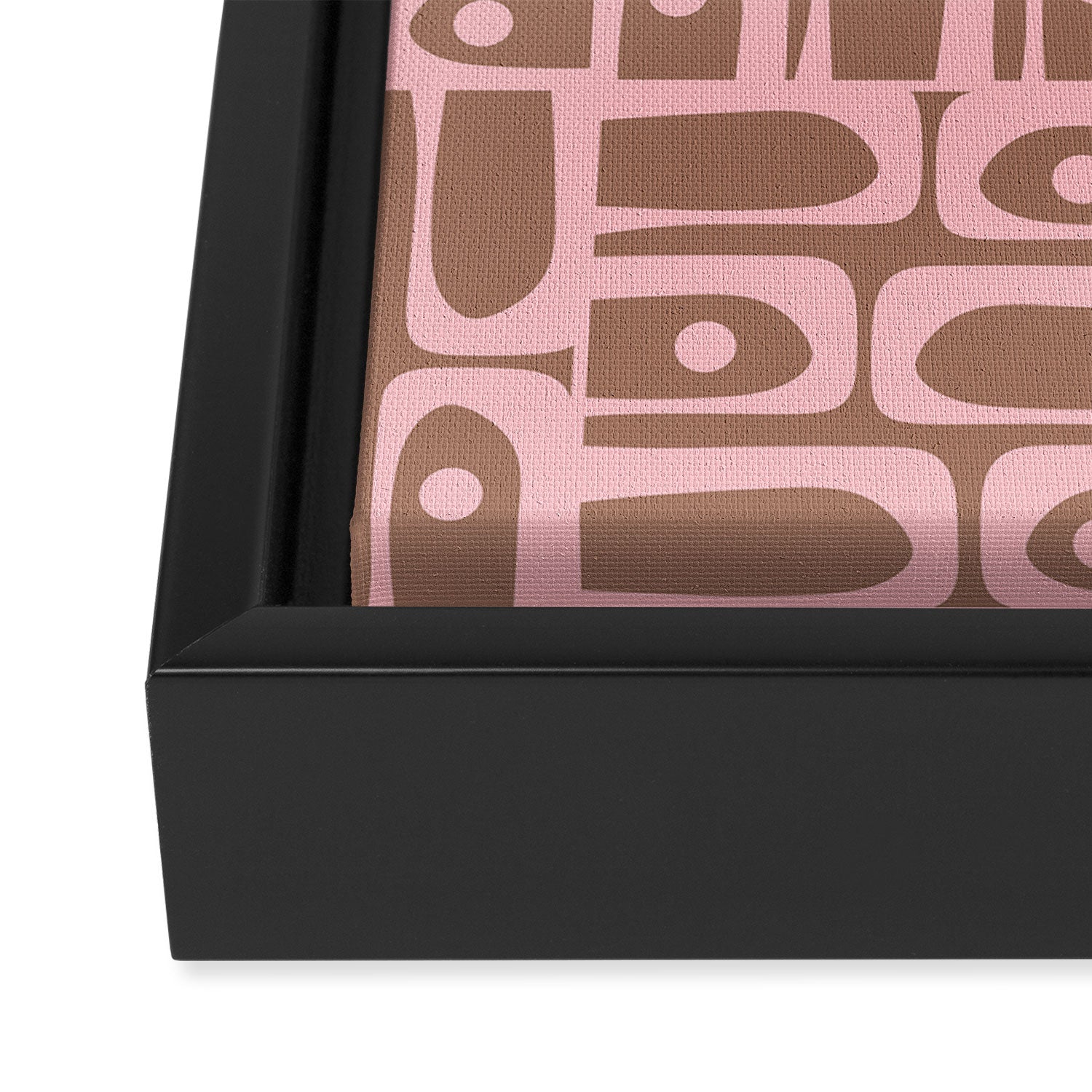Mid Century Modern Piquet Abstract Multi Geometric Pattern in Mocha Brown and Light Pink Framed Canvas Print Gallery Image 3