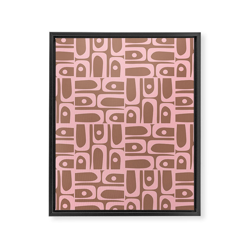 Mid Century Modern Piquet Abstract Multi Geometric Pattern in Mocha Brown and Light Pink Framed Canvas Print Gallery Image 8