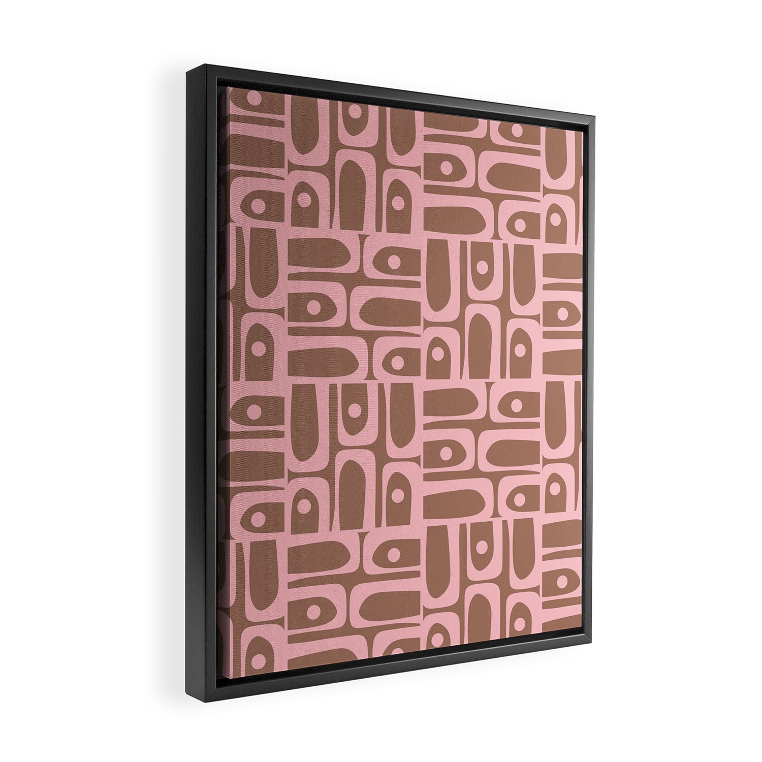 Mid Century Modern Piquet Abstract Multi Geometric Pattern in Mocha Brown and Light Pink Framed Canvas Print Gallery Image 2
