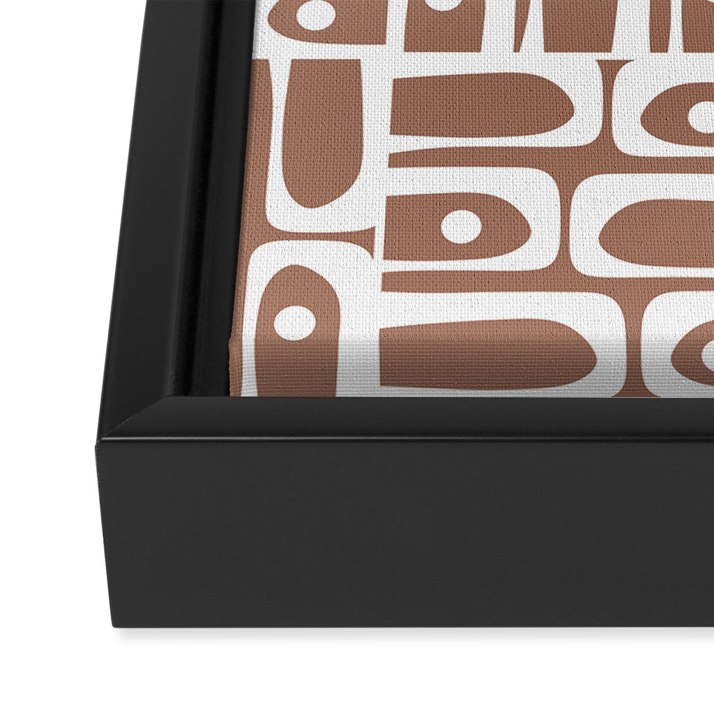 Mid Century Modern Piquet Abstract Multi Geometric Pattern in Mocha Brown and White Framed Canvas Print Gallery Image 3