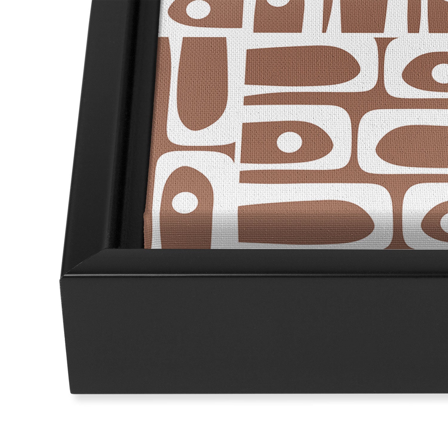 Mid Century Modern Piquet Abstract Multi Geometric Pattern in Mocha Brown and White Framed Canvas Print Gallery Image 3