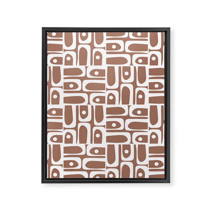 Mid Century Modern Piquet Abstract Multi Geometric Pattern in Mocha Brown and White Framed Canvas Print Gallery Image 1
