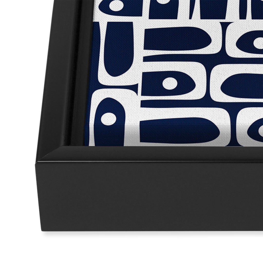 Mid Century Modern Piquet Abstract Multi Geometric Pattern in Nautical Navy Blue and White Framed Canvas Print Gallery Image 3