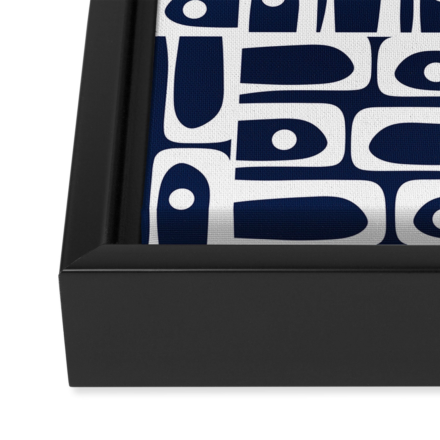 Mid Century Modern Piquet Abstract Multi Geometric Pattern in Nautical Navy Blue and White Framed Canvas Print Gallery Image 3