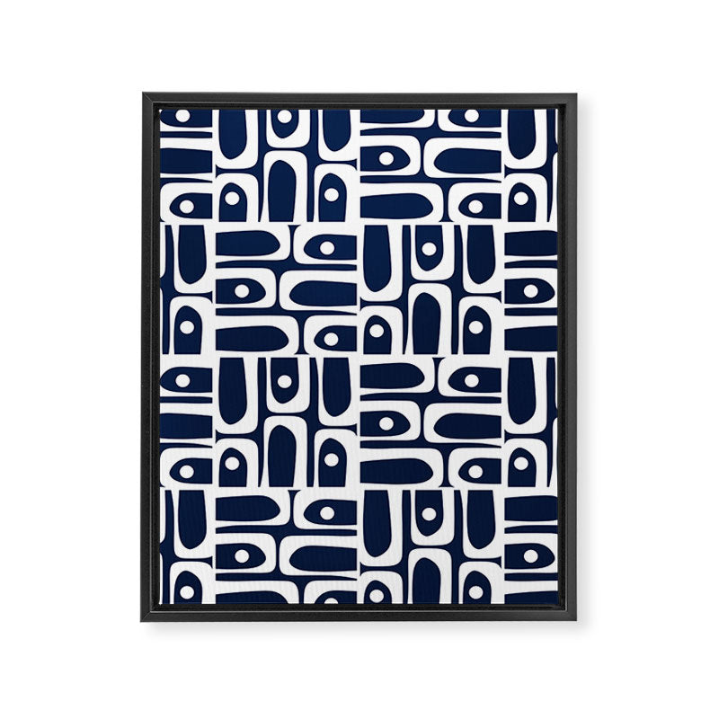 Mid Century Modern Piquet Abstract Multi Geometric Pattern in Nautical Navy Blue and White Framed Canvas Print Gallery Image 8