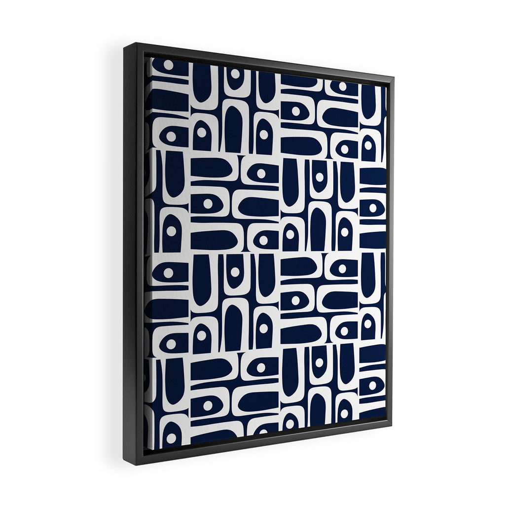Mid Century Modern Piquet Abstract Multi Geometric Pattern in Nautical Navy Blue and White Framed Canvas Print Gallery Image 2