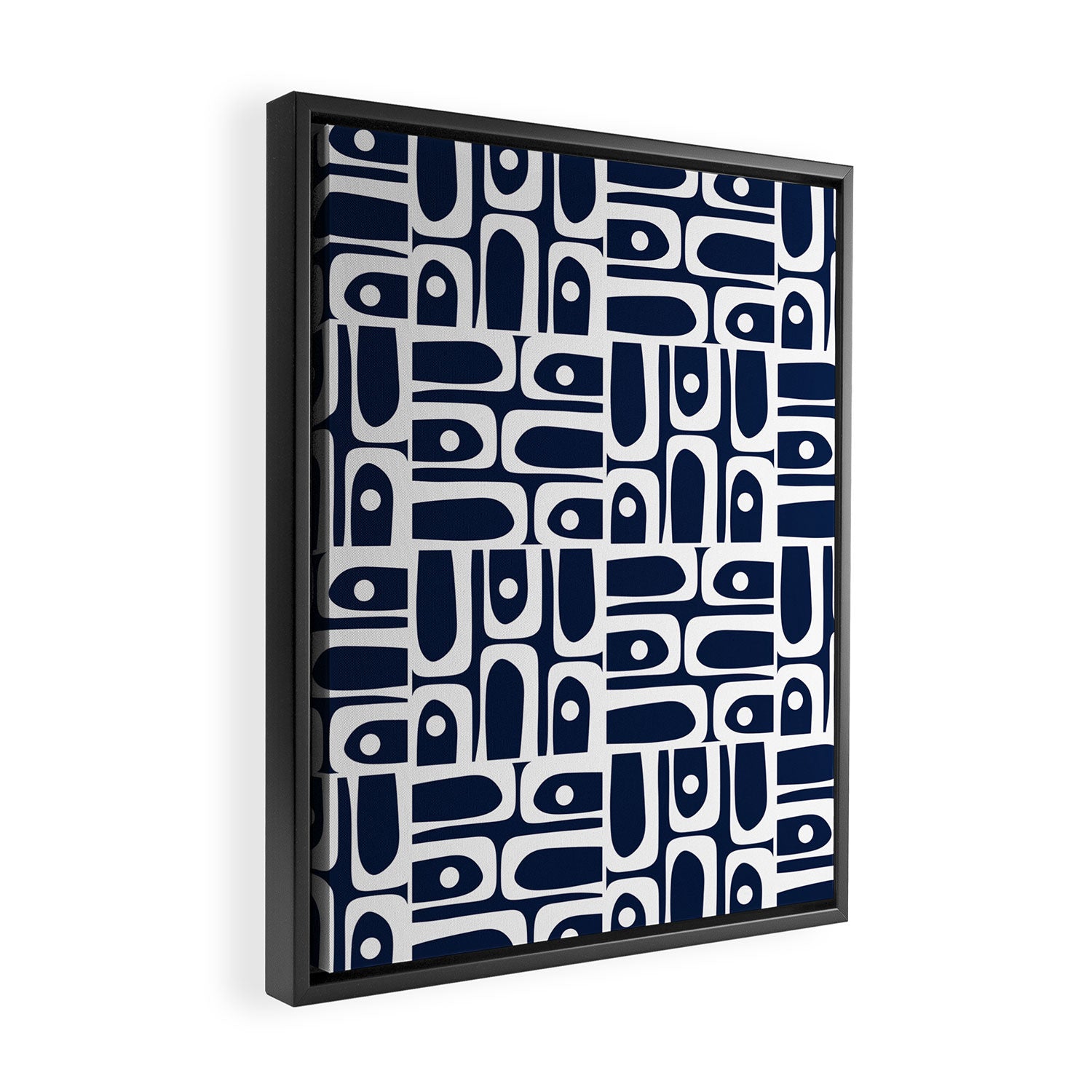 Mid Century Modern Piquet Abstract Multi Geometric Pattern in Nautical Navy Blue and White Framed Canvas Print Gallery Image 2