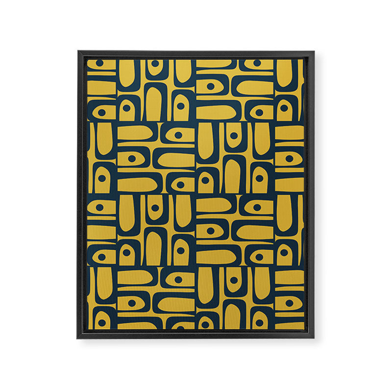 Mid Century Modern Piquet Abstract Multi Geometric Pattern in Navy Blue and Light Mustard Framed Canvas Print Gallery Image 8