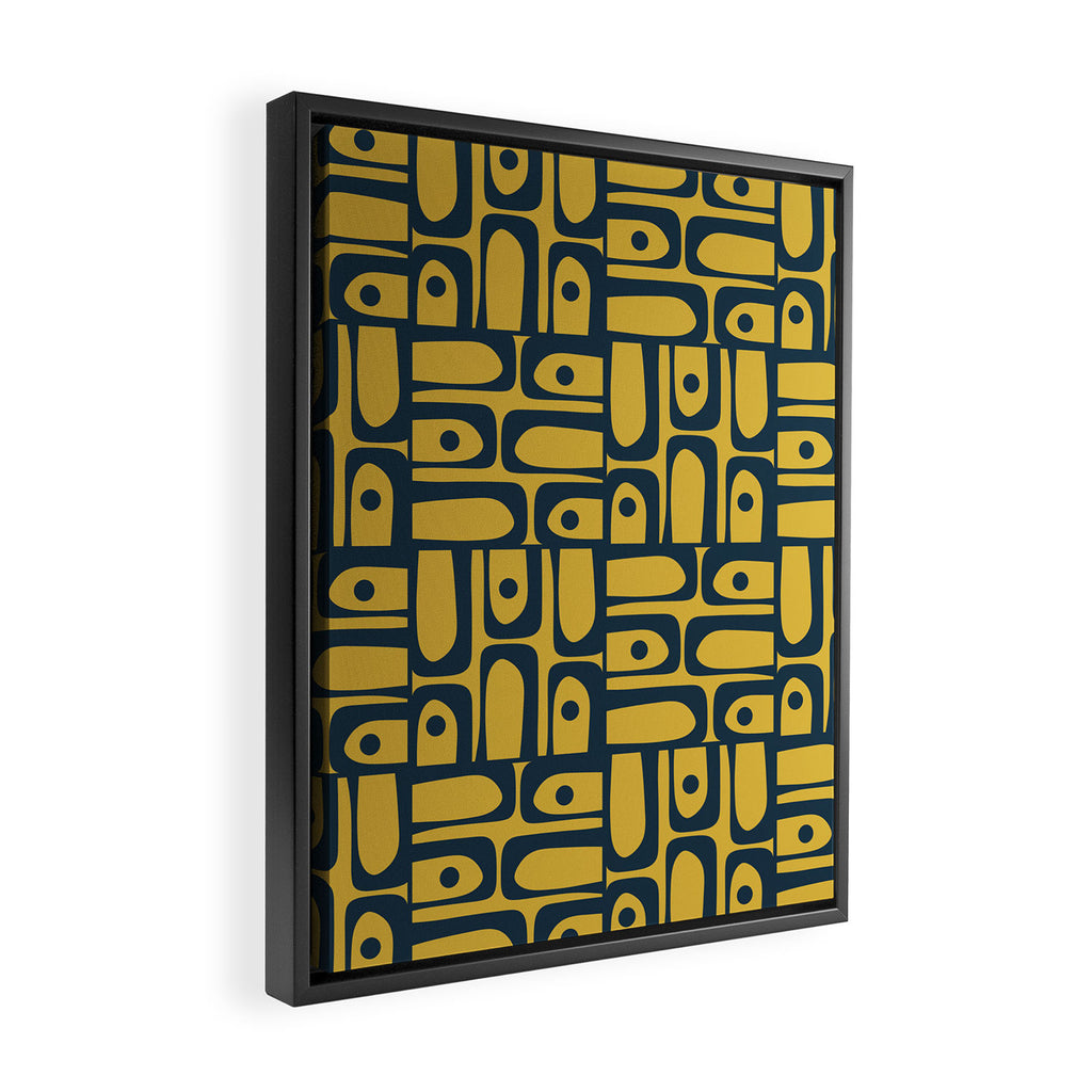 Mid Century Modern Piquet Abstract Multi Geometric Pattern in Navy Blue and Light Mustard Framed Canvas Print Gallery Image 2