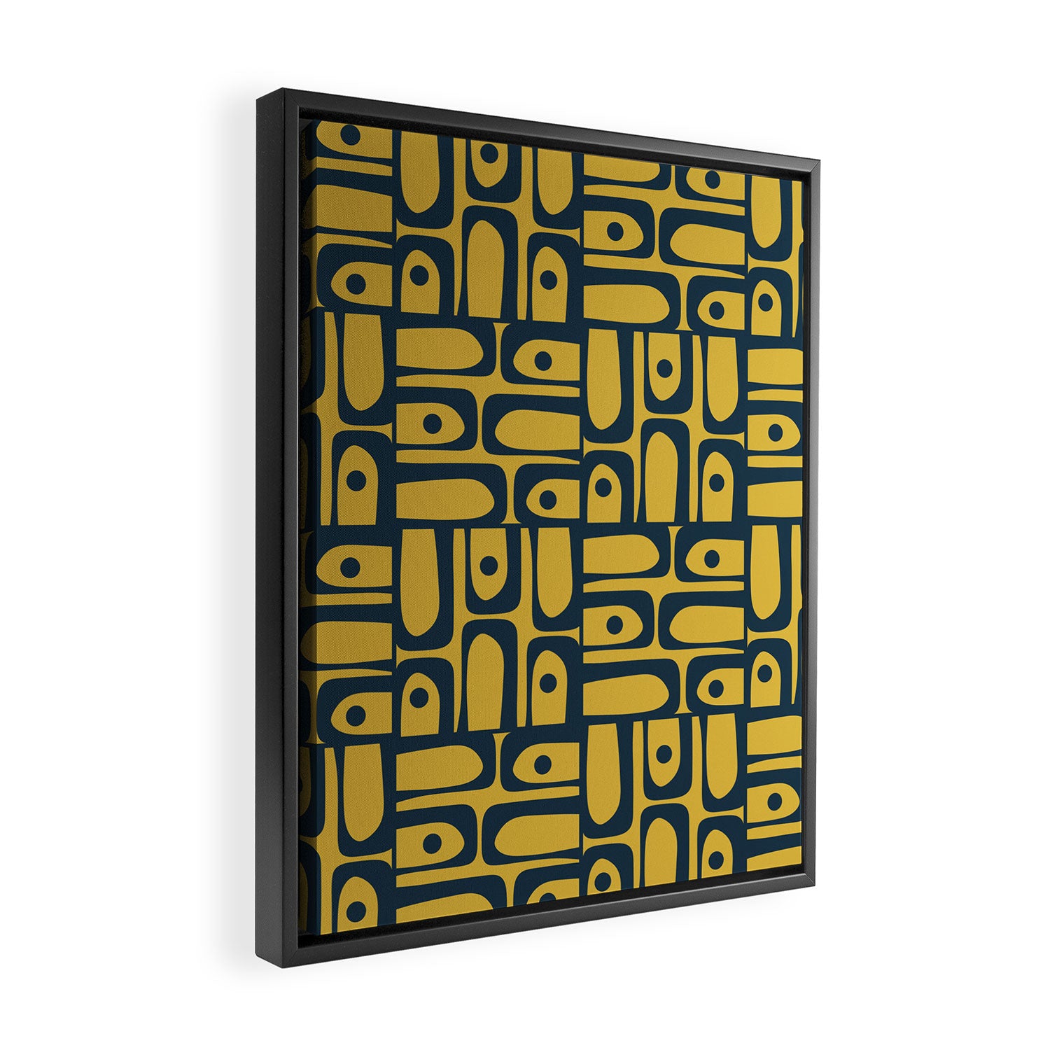 Mid Century Modern Piquet Abstract Multi Geometric Pattern in Navy Blue and Light Mustard Framed Canvas Print Gallery Image 2