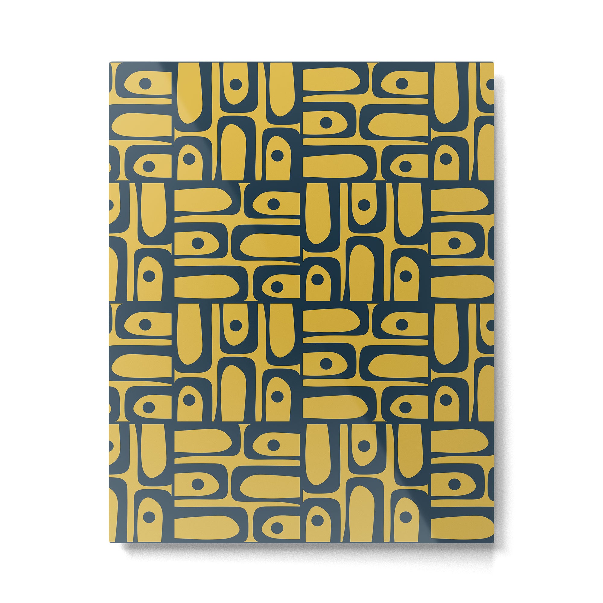 Mid Century Modern Piquet Abstract Multi Geometric Pattern in Navy Blue and Light Mustard Metal Print Gallery Image 6