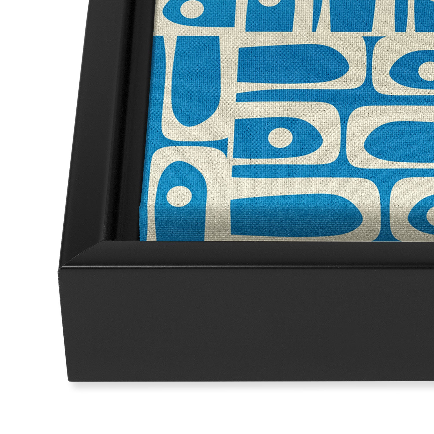 Mid Century Modern Piquet Abstract Multi Geometric Pattern in Retro Contemporary Blue and Cream Framed Canvas Print Gallery Image 3