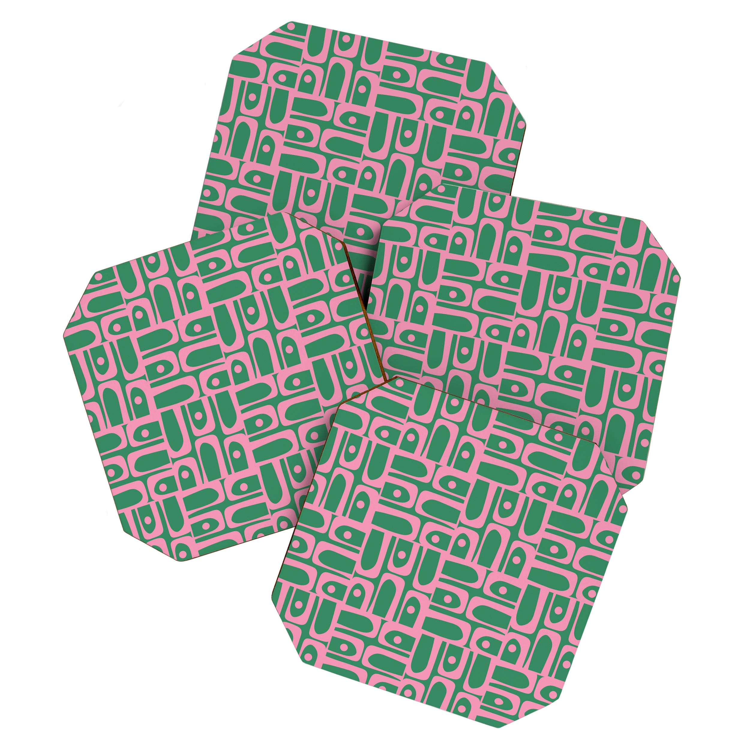 Mid Century Modern Piquet Abstract Multi Geometric Pattern in Retro Pink and Green Coaster Gallery Image 1